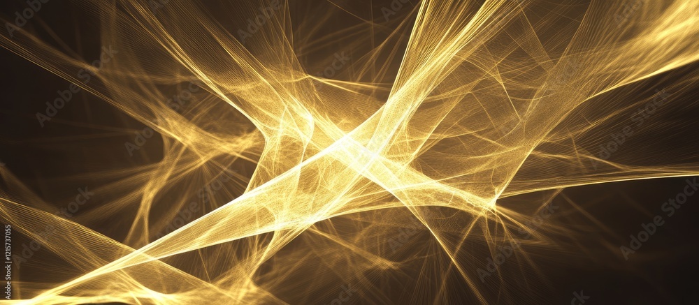 Poster abstract golden geometric lines with ethereal glow and ample copyspace for text in a dark background