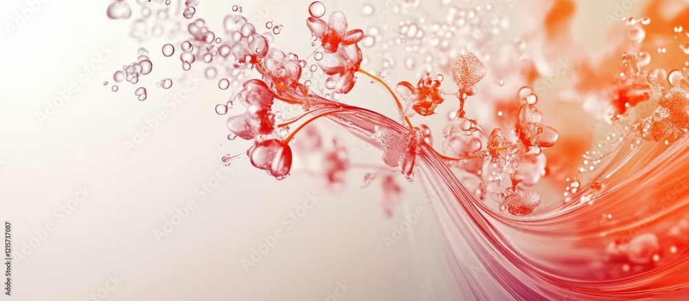 Poster elegant floral design with fluid motion and bubbles on soft background for text placement in modern 