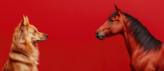 Brown dog and red horse facing each other with vibrant red background and ample empty space for text or overlay design elements