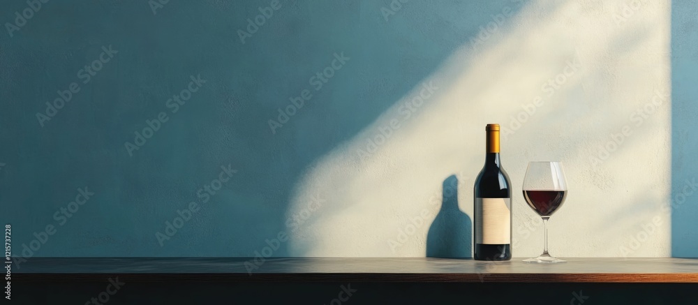 Poster elegant wine bottle and glass on a stylish tabletop with ample empty space for text or branding prom