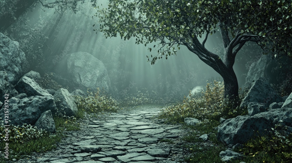 Aufkleber mysterious abandoned forest landscape with rocks and mountains featuring empty space for text and et