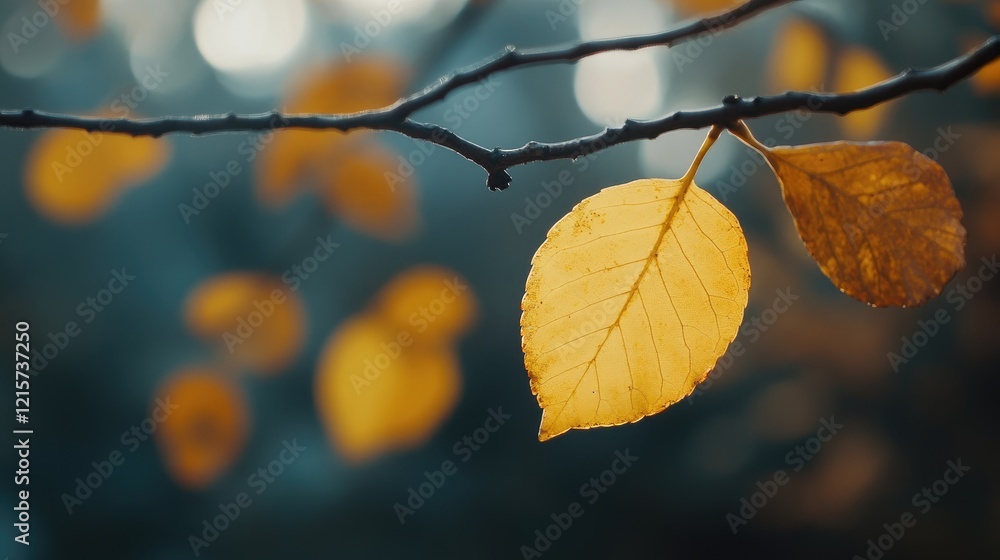 Poster yellow autumn leaves with blurred background creating atmosphere for text placement in natural setti