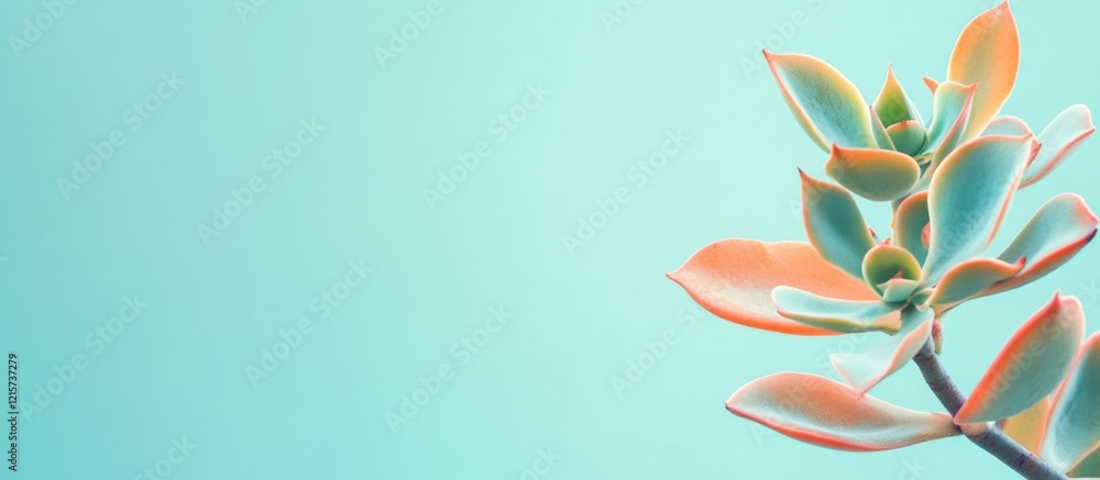 Poster vibrant succulent plant branch against a soft turquoise background with empty space for text or bran
