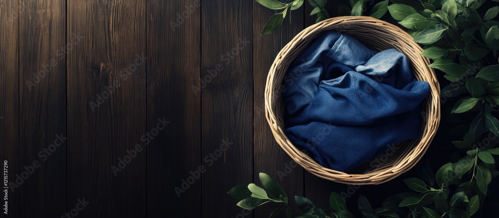 Poster neatly folded laundry in a rustic basket surrounded by greenery on dark wooden background with space