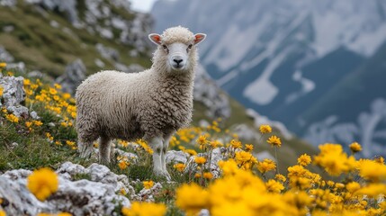 Naklejka premium Sheep grazing in alpine meadow, mountains background. Nature, wildlife photography for calendars or websites