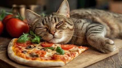 Relaxed cat sleeping on a pizza slice with fresh ingredients nearby, perfect for pet meal ideas and cozy lifestyle imagery