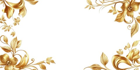 Elegant golden floral curls on white background creating a decorative border for web, postcards, posters, and wallpapers with space for text