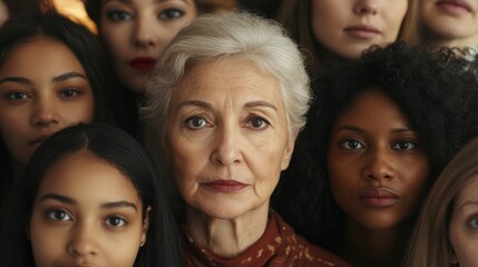 Obraz premium Diverse group of women of varying ages and backgrounds united in strength and empowerment with focused expressions and empty copy space.
