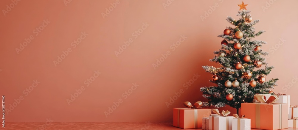Aufkleber festive christmas tree adorned with ornaments surrounded by neatly wrapped gifts in a warm inviting 