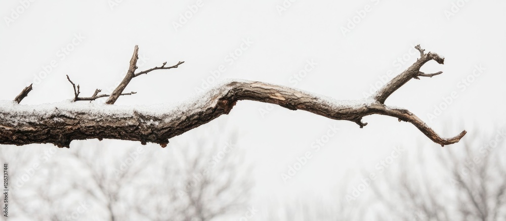 Poster broken tree branch in winter forest landscape with snow and overcast sky suitable for text overlay o
