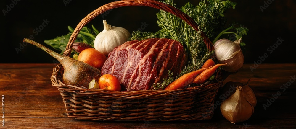 Poster basket of beef pot roast surrounded by fresh spring vegetables on a rustic wooden table with space f
