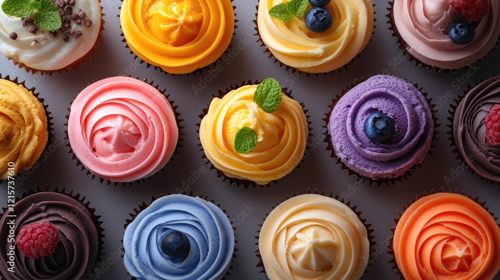 Poster assorted colorful ice cream cupcakes arranged in a delightful top view display perfect for a party d