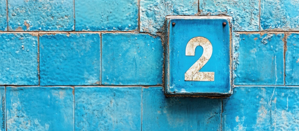 Poster bright blue tile with the number two on a textured surface ideal for graphic design and advertising 