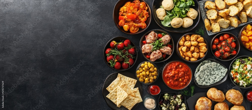 Aufkleber assorted appetizers on a buffet table with fresh ingredients and empty space for text ideal for food