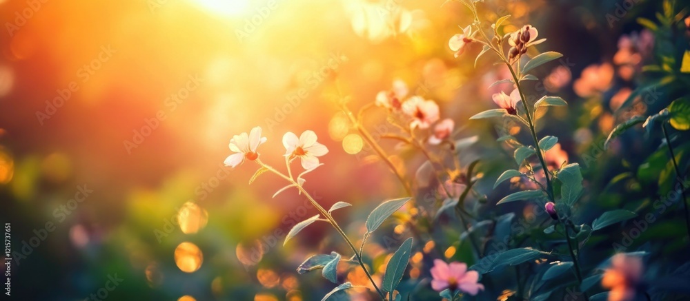 Poster vibrant abstract nature background with sunlight illuminating flowers and bokeh effect providing ide