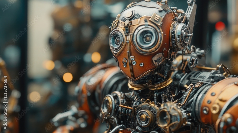 Poster close-up view of intricate mecha robot statue set against a stylish interior designed for collectors