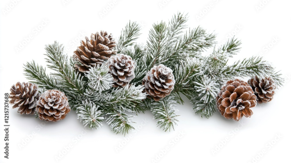Aufkleber winter greenery with frosted pine branches and pine cones on a white background for text placement a