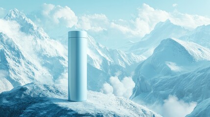 Obraz premium Thermal Spring Water Bottle on Icy Peak in Serene Blue Mountain Landscape with Clear Sky and Cloud Coverage for Cosmetic Advertising Concept