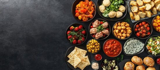 Assorted appetizers on a buffet table with fresh ingredients and empty space for text ideal for food advertising or event promotions