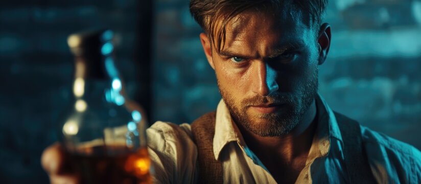Caucasian man presenting a spirit beverage highlighting themes of alcohol addiction with an empty space for text in a moody setting