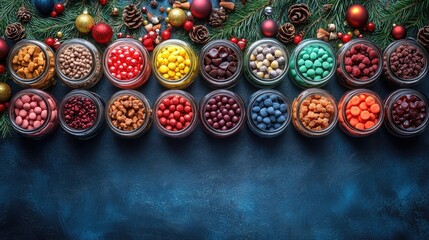 Fototapeta premium Festive assortment of colorful homemade candies in glass jars arranged with holiday decorations on a blue background with space for text.