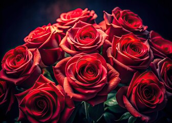 Obraz premium Night Photography Red Roses Bouquet, Dark Romantic Flowers, Closeup Still Life, Red Rose Details, Night Bloom, Low Light Floral Image