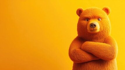 Confident orange bear standing proudly on a vibrant yellow background with ample space for text showcasing determination and self-assurance