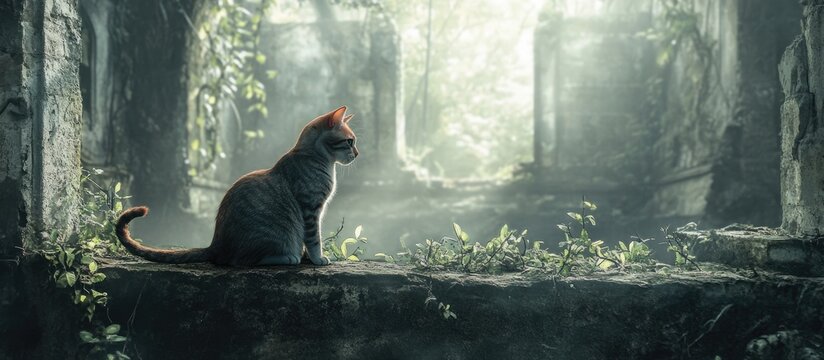 Cat sitting in overgrown ruins with ethereal lighting and greenery, showcasing a tranquil yet abandoned atmosphere for artistic use