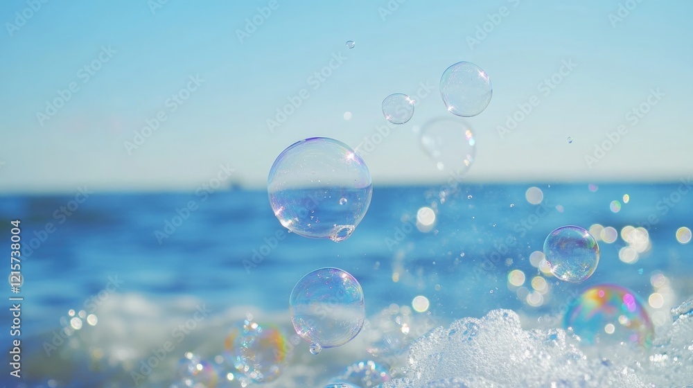 Poster bubbles floating in clear water against a tranquil blue ocean background with space for text or grap