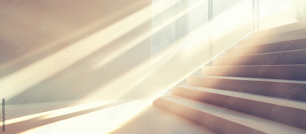 Poster modern architectural design with abstract light rays illuminating stairs and ample copy space for te