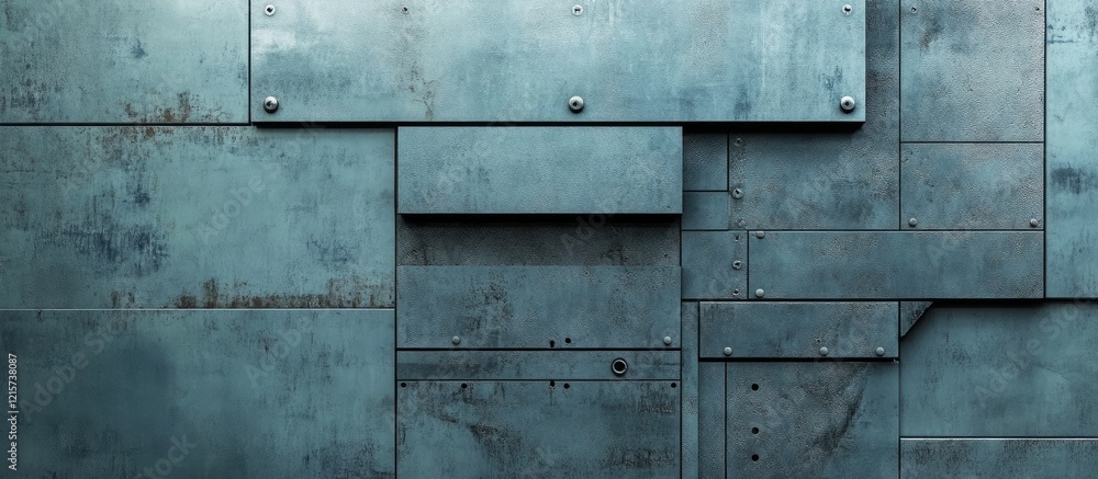 Poster futuristic abstract metal wall design with textured surfaces and empty space for custom text in a dy