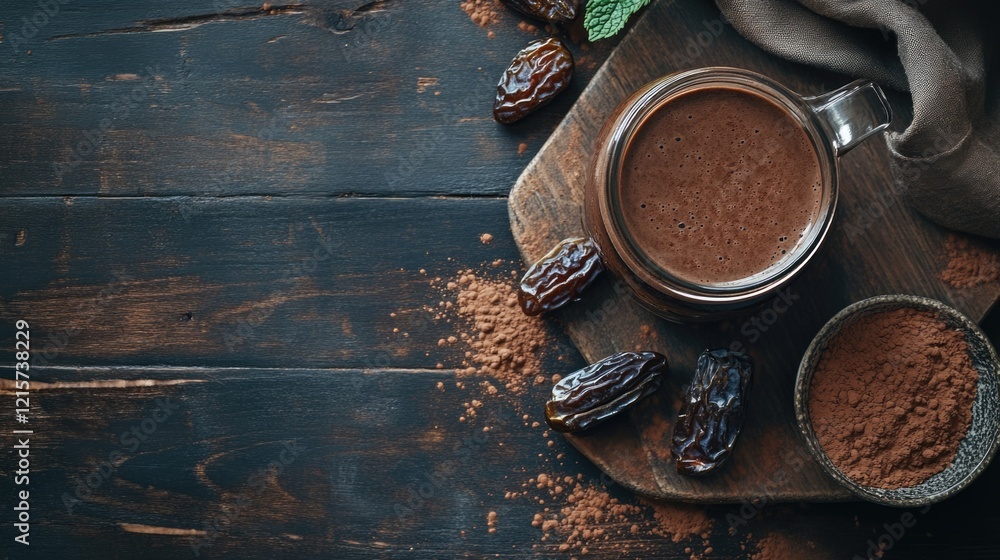 Poster chocolate date milkshake with cocoa mint and dates in mason jar on wooden table healthy detox drink 