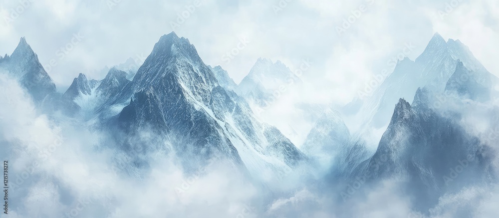 Poster abstract mountain landscape with misty clouds and blank space for text overlay design