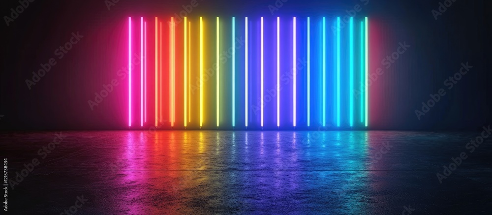Poster abstract neon rainbow lines in a dark environment with long exposure effect and clear copy space for