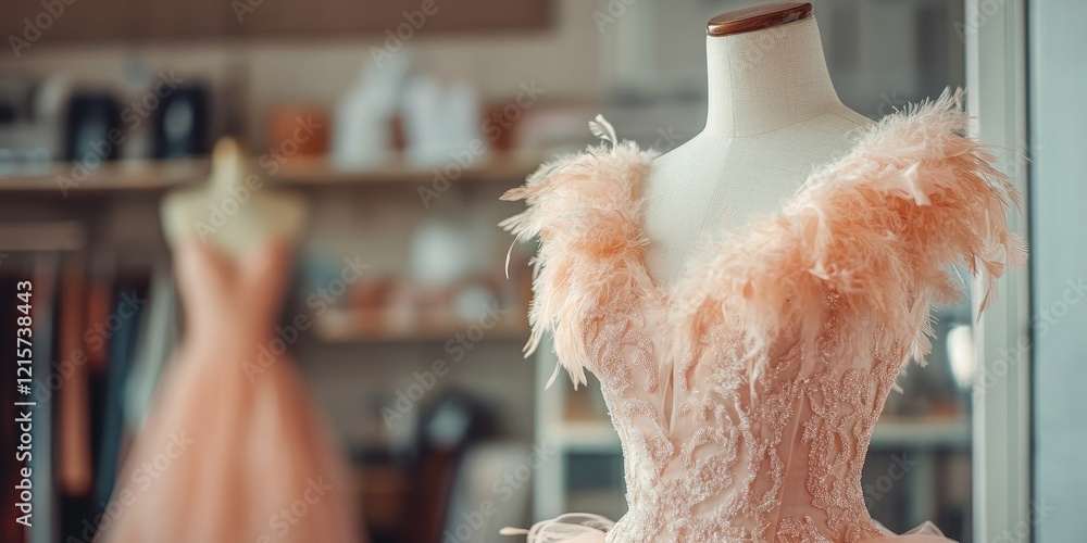 Aufkleber elegant evening gown with feathers displayed in tailoring studio showcasing custom fashion design wi