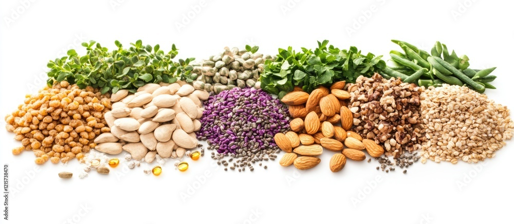 Poster assorted vegetables nuts grains and supplements with ample empty space for text showcasing healthy d