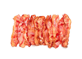 Many fried bacon rashers on white background