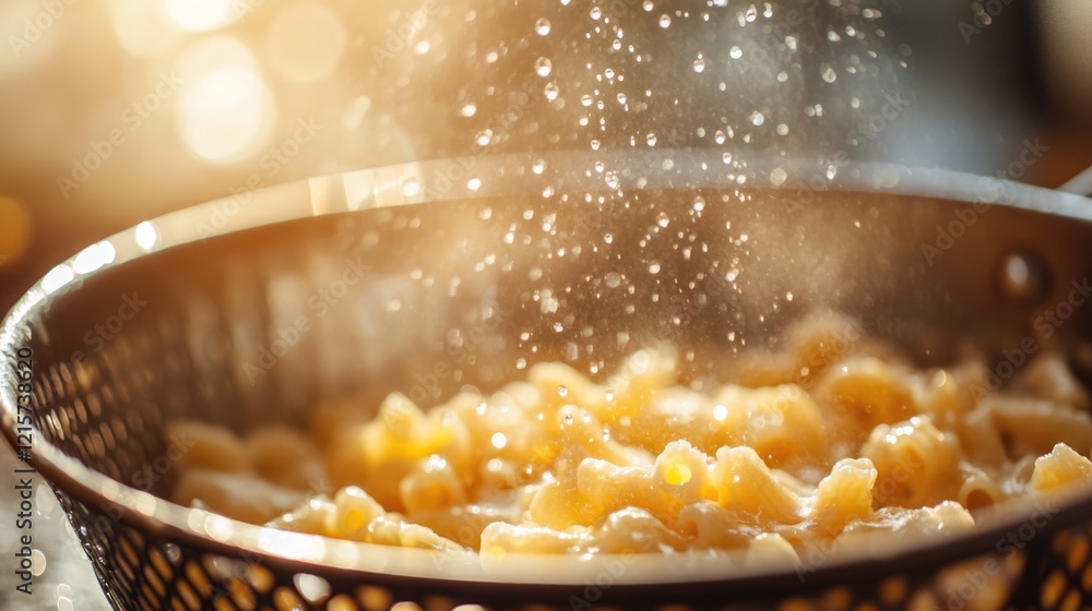 Poster close up of drained macaroni and cheese in a colander sparkling with sunlight and water droplets fea