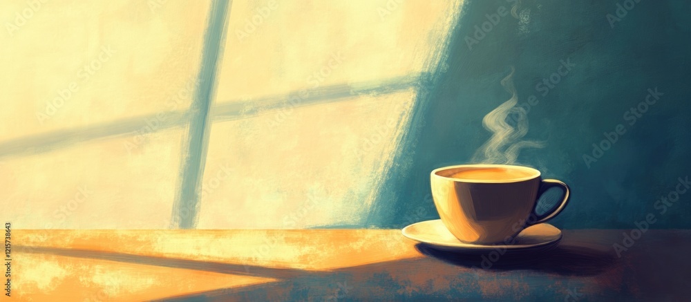 Poster warm morning sunlight illuminating a steaming cup of coffee on a table creating a serene atmosphere 