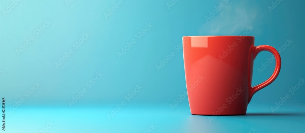 Poster steaming red coffee mug on a vibrant blue background with empty space for text and branding opportun
