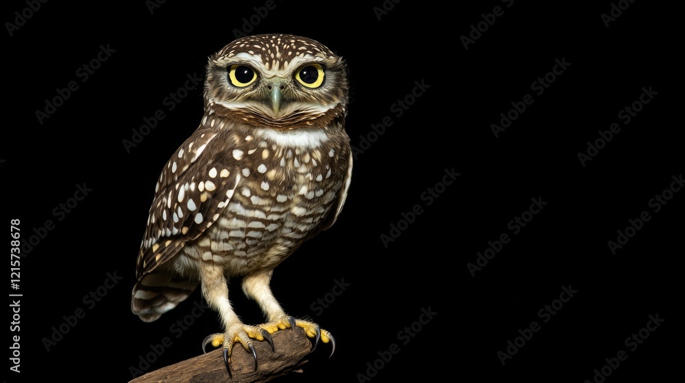 Poster owl with striking bright eyes on a dark background close up of a winter bird of prey isolated for te