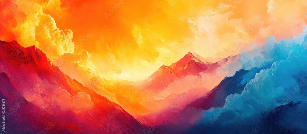 Aufkleber vibrant abstract mountain landscape with orange sunset colorful clouds and light rays featuring ampl