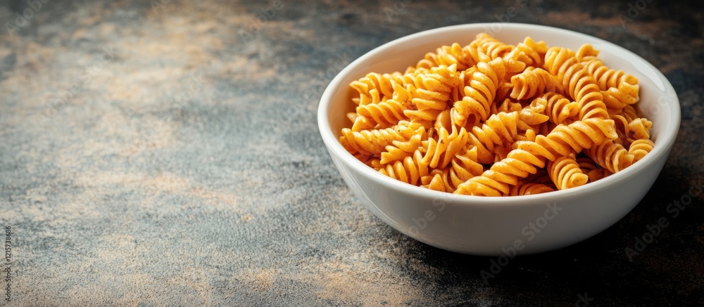 Poster delicious bowl of spiral pasta on a rustic kitchen countertop with empty space for adding text or br