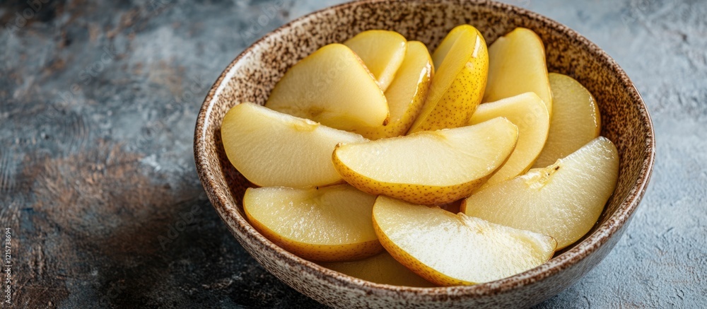Poster bowl of homemade stewed pear slices on a rustic table with empty copyspace for text or branding purp