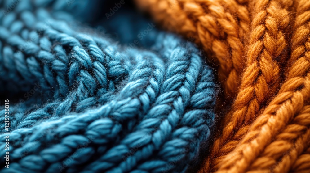 Poster colorful knitted wool texture with blue and orange threads showcasing intricate patterns and empty s