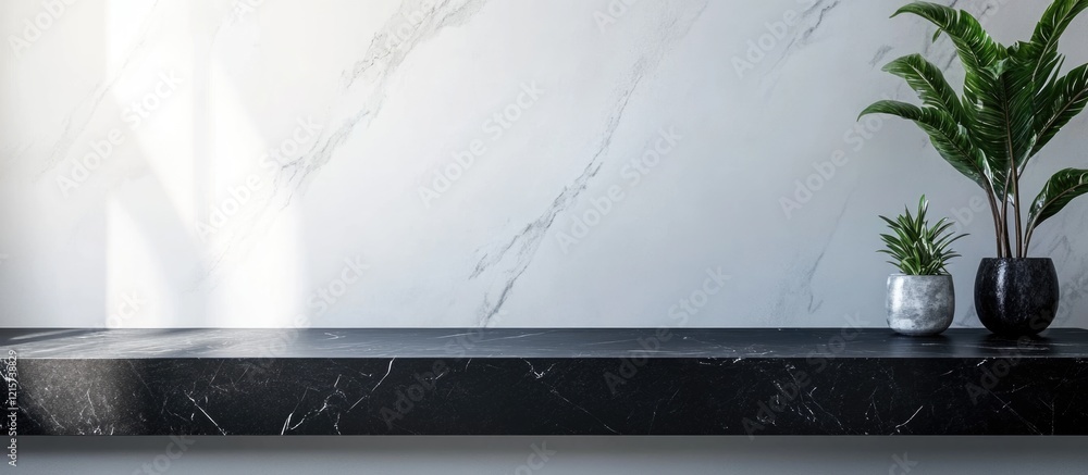 Poster sleek black stone countertop on white marble backdrop with ample empty space for product display or 