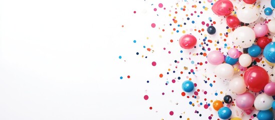 Colorful Balloons and Confetti for 90th Celebration on Bright White Background with Space for Personalizable Text and Messages