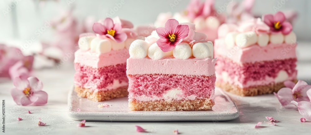 Poster pink fruit cake slices with ladyfinger layers and mousse topped with marshmallows and edible flowers