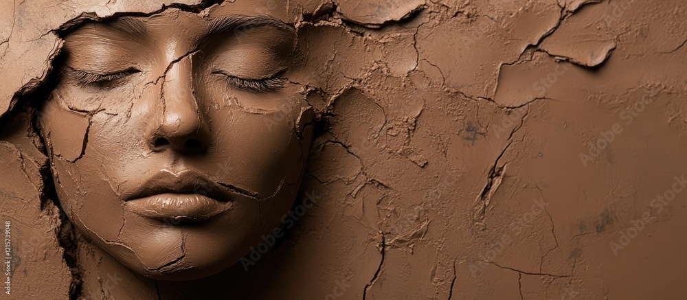 Fototapete abstract clay face representing mental health challenges with text space for reflection and awarenes
