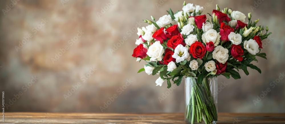 Poster red and white flower bouquet in a clear vase on a wooden table with a blurred background and ample c